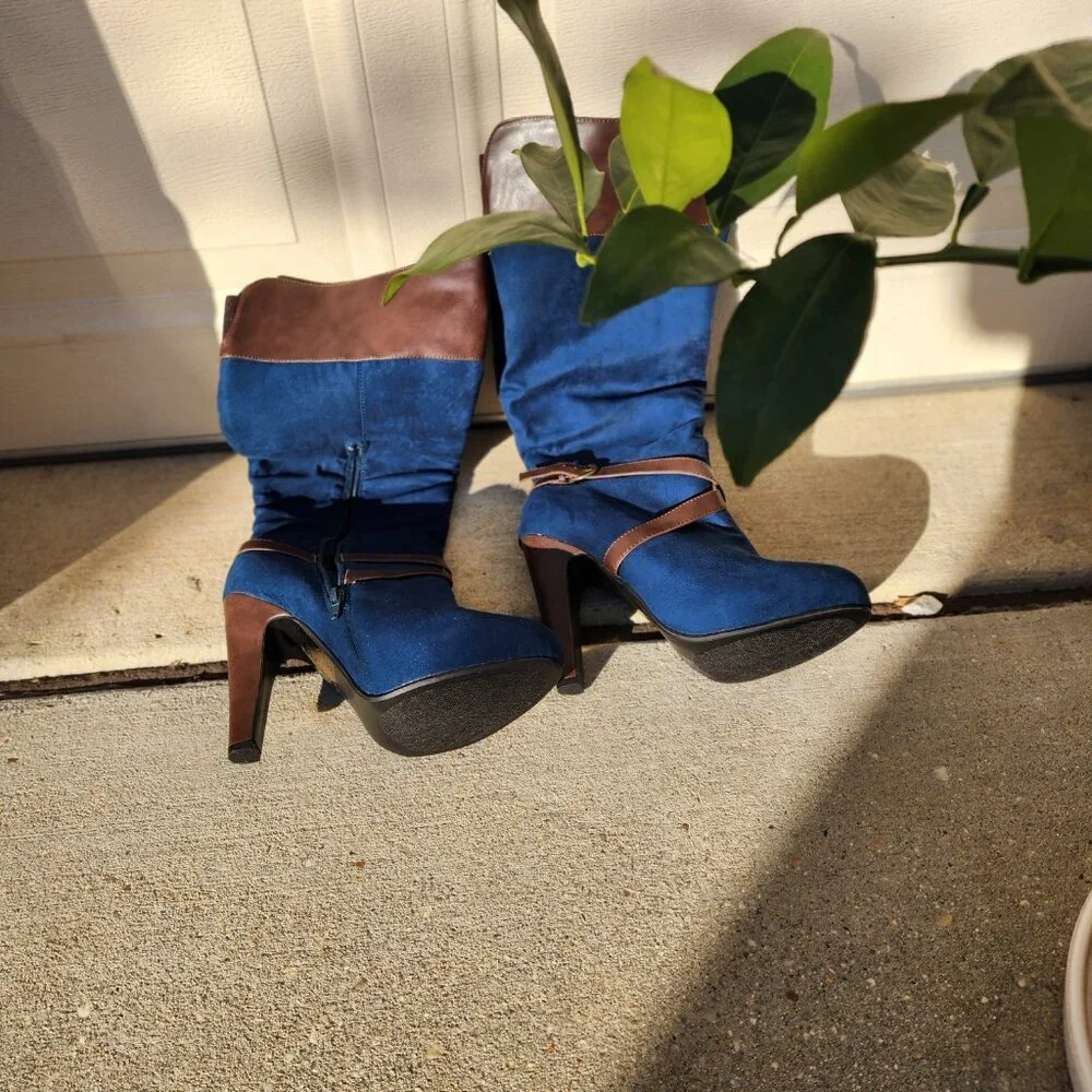 Y2K Western-Inspired Cowboy Chic Brand-New Blue Suede Women’s Knee Boots Size 9 - Picture 10 of 15